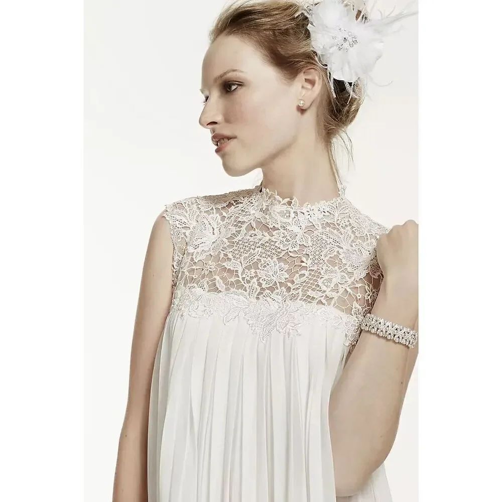 Galina Ivory High Neck Keyhole Back Lace Chiffon Pleated Mini Short Dress Sz 10
